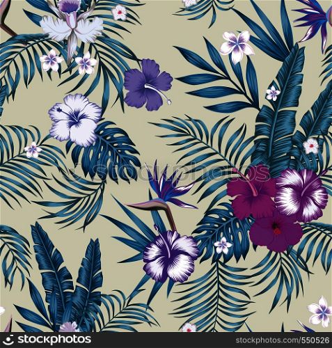 Tropical jungle blue tint with palm, banana leaves and hibiscus, plumeria, bird of paradise flowers seamless vector botanical pattern on the beige background