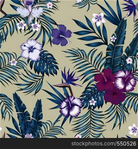 Tropical jungle blue tint with palm, banana leaves and hibiscus, plumeria, bird of paradise flowers seamless vector botanical pattern on the beige background