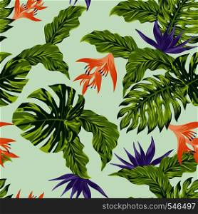 Tropical jungle bright color seamless vector pattern. Beach bright trendy spring wallpaper