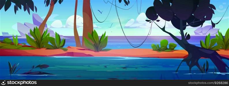 Tropical jungle forest near sea shore vector landscape. Amazon river nature scene with sandy island in water illustrated cartoon environment. Fantasy tropic rainforest with liana on trees. Tropical jungle forest near sea shore landscape