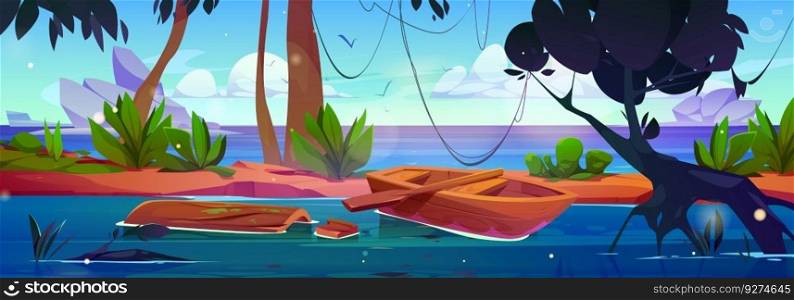 Tropical jungle forest near sea shore vector landscape. Amazon river nature scene with boat and log in water illustrated cartoon environment. Fantasy tropic rainforest sunny wallpaper illustration. Tropical jungle forest near sea shore landscape