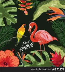 Tropical jungle rainforest plants flowers birds, flamingo , toucan border background