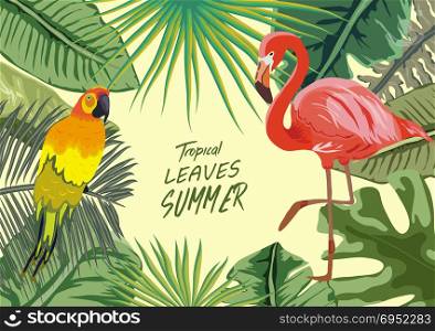 Tropical jungle rainforest plants flowers birds, flamingo , toucan border background