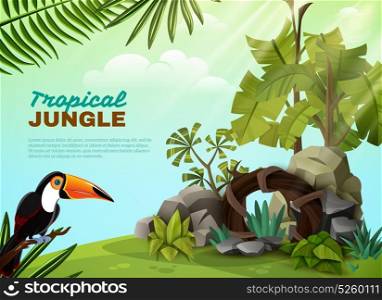Tropical Jungle Toucan Garden Composition POster . Tropical jungle landscape design composition with rock garden elements toucan bird and plants background poster vector illustration