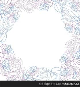 Tropical king protea and orchid flower frame boarder, hand drawn sketch flower head in pastel blue and pink color. Vector background for card or invite. Tropical king protea and orchid flower frame boarder, hand drawn sketch flower head in pastel blue and pink color. Vector background for card or invite.