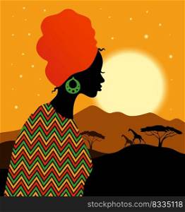 Tropical landscape. Beautiful black woman. African savannah card. Tropical landscape. Beautiful black woman in turban. African savannah card with sunset.