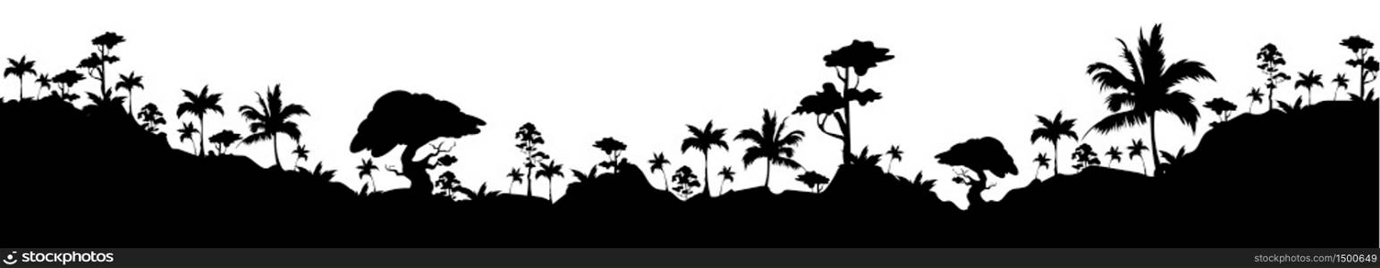Tropical landscape black silhouette seamless border. Exotic palm trees and hills monochrome vector illustration. Rainforest decorative ornament design. Jungle plants repeating pattern. Tropical landscape black silhouette seamless border