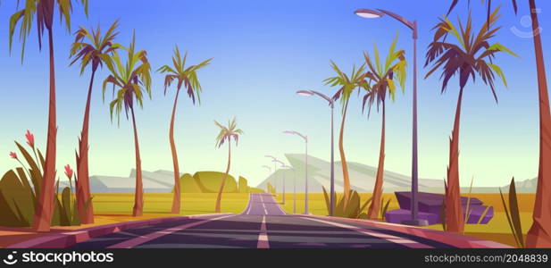 Tropical landscape with car road, palm trees, street lights and mountains on horizon. Vector cartoon illustration of summertime scene with highway, rocks, tropic trees and flowers. Tropical landscape with car road and palm trees