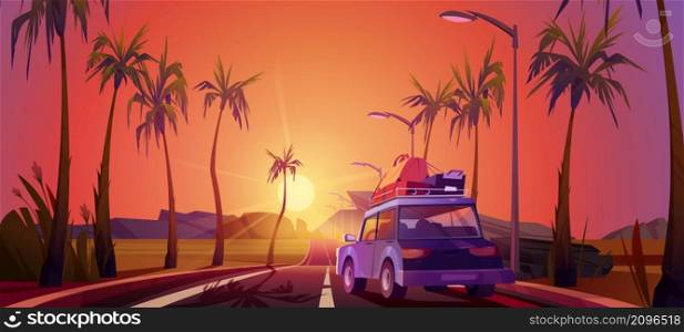 Tropical landscape with car with luggage on road with palm trees at sunset. Vector cartoon illustration of summer travel, scene with auto with suitcases, highway and mountains on horizon at evening. Tropical landscape with car with luggage at sunset