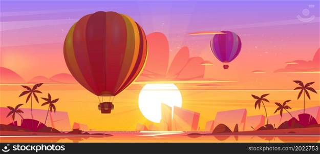 Tropical landscape with flying hot air balloons, sea bay, palm trees and mountains on horizon at sunset. Vector cartoon illustration of airships with baskets fly over lagoon at evening. Sea landscape with hot air balloons at sunset