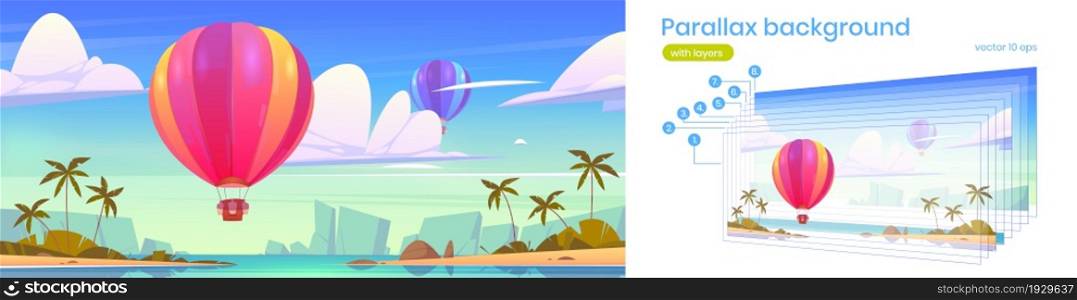 Tropical landscape with flying hot air balloons, sea bay, palm trees on beach and mountains on horizon. Vector parallax background for 2d animation with cartoon colorful airships with baskets. Parallax background with hot air balloons and sea
