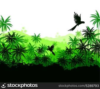 Tropical landscape with green palms and parrots