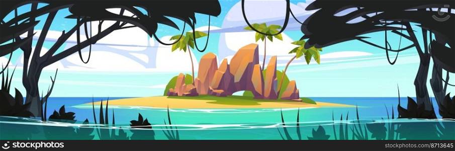 Tropical landscape with island in ocean, uninhabited secret pirate isle with beach, palm trees, jungle lianas and rocks at sea under cloudy sky. Cartoon game panoramic background, Vector illustration. Island in ocean, uninhabited secret pirate isle