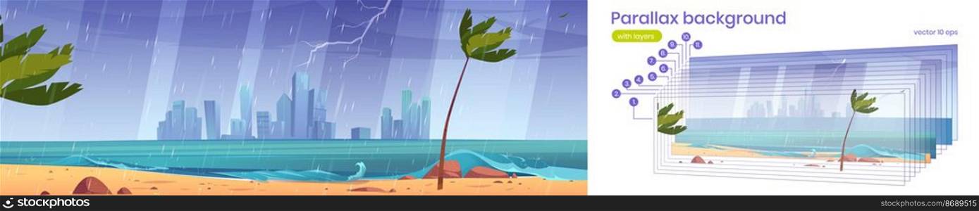 Tropical landscape with sea and city on horizon in rain. Vector parallax background for 2d animation with cartoon illustration of sand beach with palm trees, town and thunderstorm with lightning. Parallax background with sea beach in rain
