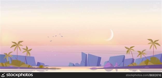 Tropical landscape with sea bay, palm trees and mountains on horizon in morning. Vector cartoon illustration of summer seascape with lagoon shore, rocks and moon in sky after sunset. Tropical landscape with sea bay and moon in sky