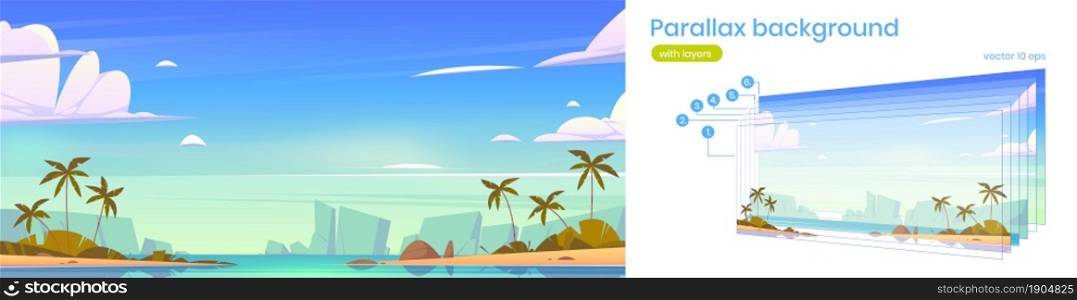 Tropical landscape with sea bay, palm trees on beach and mountains on horizon. Vector parallax background for 2d animation with cartoon summer seascape with lagoon, rocks and sand shore. Parallax background with tropical sea