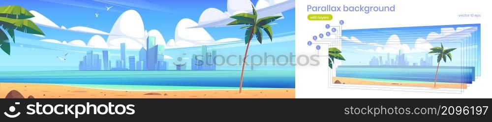 Tropical landscape with sea, sand beach and city on horizon. Vector parallax background for 2d animation with cartoon illustration of summer seascape with palm trees and town buildings on skyline. Parallax background with sea and city on horizon
