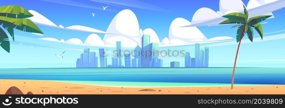 Tropical landscape with sea, sand beach, palm trees and city buildings on horizon. Vector cartoon illustration of summer seascape with town skyscrapers on island on skyline. Sea landscape with beach and city on horizon