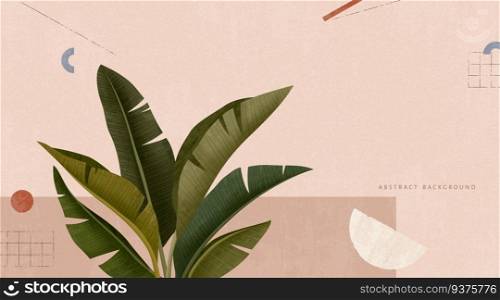 Tropical leafs on pink geometric background in 3d illustration. Leafs on pink geometric background