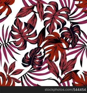 Tropical leaves abstract color seamless on the white background. Flat vector wallpaper