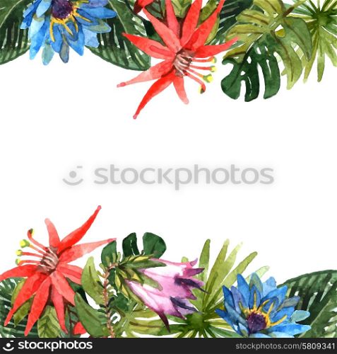 Tropical leaves and exotic flowers branches watercolor border vector illustration. Tropical Leaves Illustration