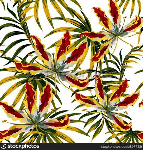 Tropical leaves and exotic flowers seamless vector pattern white background. Beach bikini wallpaper print