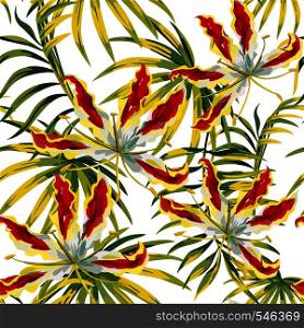 Tropical leaves and exotic flowers seamless vector pattern white background. Beach bikini wallpaper print