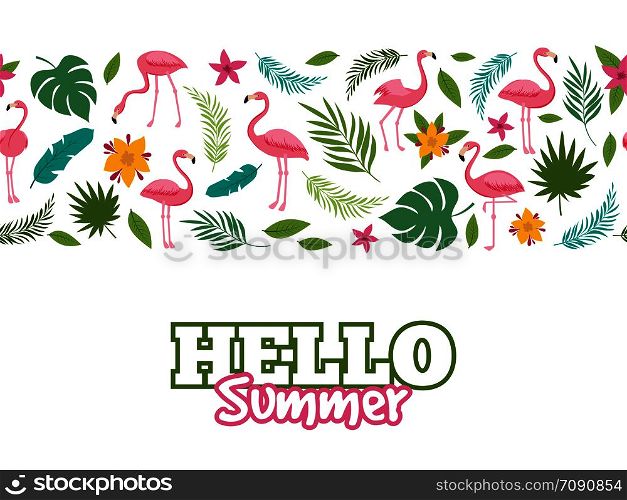 Tropical leaves and flamingo pattern. Hello summer banner or poster background design. Vector illustration. Tropical leaves and flamingo pattern. Hello summer background design