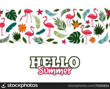 Tropical leaves and flamingo pattern. Hello summer banner or poster background design. Vector illustration. Tropical leaves and flamingo pattern. Hello summer background design