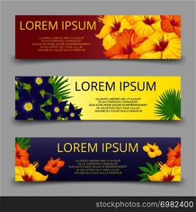 Tropical leaves and flowers banners template. Poster with tropical flowers. Vector illustration. Tropical leaves and flowers banners template