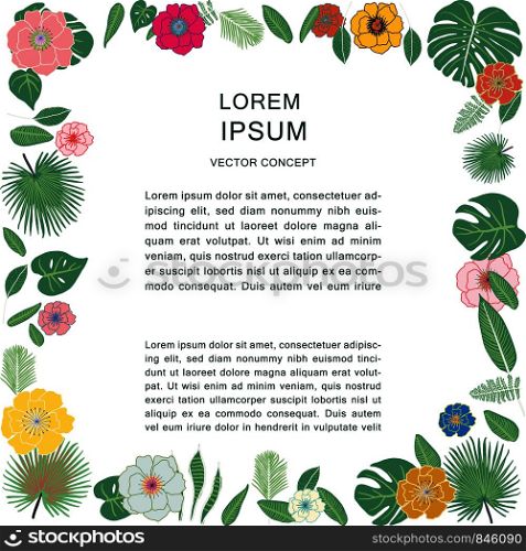 Tropical leaves and flowers frame for text. Tropical leaves on background. Postcard, banner, app design. . Tropical leaves and flowers frame for text
