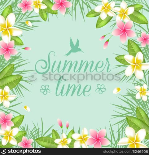 Tropical leaves and flowers on a green background. Vector summer floral frame.