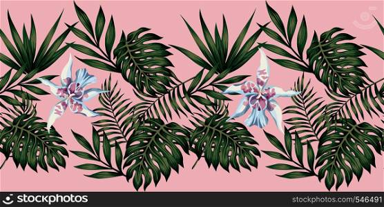 Tropical leaves and flowers seamless beach ribbon pink background. Tape botanical composition