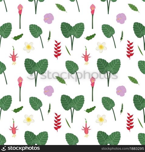 Tropical leaves and flowers seamless pattern. Botanical texture with leaves on stem, red exotic flower, fuchsia and plumeria. Cute baby print for fabric and textile.. Tropical leaves and flowers seamless pattern. Botanical texture with leaves on stem, red exotic flower, fuchsia and plumeria.