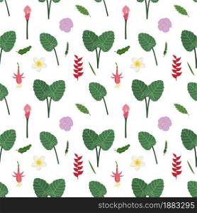 Tropical leaves and flowers seamless pattern. Botanical texture with leaves on stem, red exotic flower, fuchsia and plumeria. Cute baby print for fabric and textile.. Tropical leaves and flowers seamless pattern. Botanical texture with leaves on stem, red exotic flower, fuchsia and plumeria.