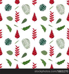 Tropical leaves and flowers seamless pattern. Botanical texture with monstera leaf, red flower, banana leaf. Cute baby print for fabric and textile.. Tropical leaves and flowers seamless pattern. Botanical texture with monstera leaf, red flower, banana leaf.