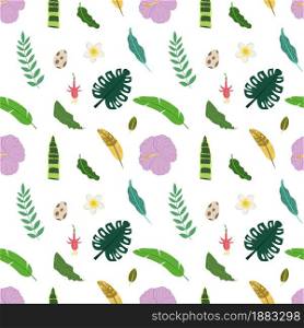 Tropical leaves and flowers seamless pattern. Botanical texture with monstera leaf, snake plant, egg and plumeria. Cute baby print for fabric and textile.. Tropical leaves and flowers seamless pattern. Botanical texture with monstera leaf, snake plant, egg and plumeria.
