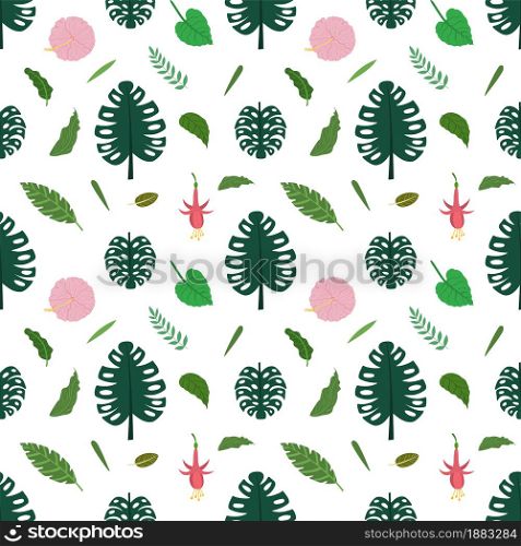 Tropical leaves and flowers seamless pattern. Botanical texture with monstera leaves, fuchsia, palm leaf. Cute baby print for fabric and textile.. Tropical leaves and flowers seamless pattern. Botanical texture with monstera leaves, fuchsia, palm leaf.
