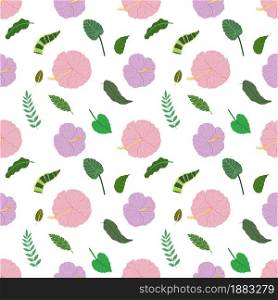 Tropical leaves and flowers seamless pattern. Botanical texture with pink and lilac hibiscus, snake plant and green leaves. Cute baby print for fabric and textile.. Tropical leaves and flowers seamless pattern. Botanical texture with pink and lilac hibiscus, snake plant and green leaves.