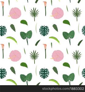 Tropical leaves and flowers seamless pattern. Botanical texture with pink hibiscus, calla lily, monstera leaf. Cute baby print for fabric and textile.. Tropical leaves and flowers seamless pattern. Botanical texture with pink hibiscus, calla lily, monstera leaf.