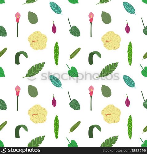 Tropical leaves and flowers seamless pattern. Botanical texture with yellow hibiscus, calla lily and green leaves. Cute baby print for fabric and textile.. Tropical leaves and flowers seamless pattern. Botanical texture with yellow hibiscus, calla lily and green leaves.