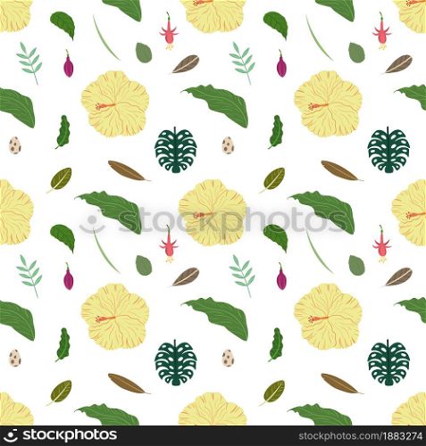 Tropical leaves and flowers seamless pattern. Botanical texture with yellow hibiscus, monstera leaf, egg, fuchsia. Cute baby print for fabric and textile.. Tropical leaves and flowers seamless pattern. Botanical texture with yellow hibiscus, monstera leaf, egg, fuchsia.