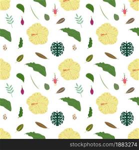Tropical leaves and flowers seamless pattern. Botanical texture with yellow hibiscus, monstera leaf, egg, fuchsia. Cute baby print for fabric and textile.. Tropical leaves and flowers seamless pattern. Botanical texture with yellow hibiscus, monstera leaf, egg, fuchsia.