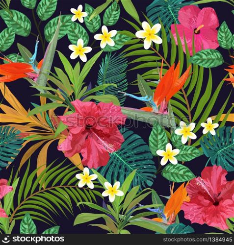 Tropical leaves and flowers seamless pattern colorful isolated hand drawn plants vector illustration. Tropical flowers seamless pattern colorful isolated hand drawn p
