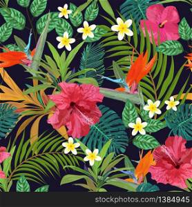 Tropical leaves and flowers seamless pattern colorful isolated hand drawn plants vector illustration. Tropical flowers seamless pattern colorful isolated hand drawn p