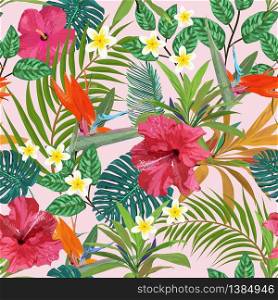 Tropical leaves and flowers seamless pattern colorful isolated hand drawn plants vector illustration. Tropical leaves and flowers seamless pattern colorful isolated h