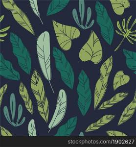 Tropical leaves and foliage, exotic plants and lush leafage isolated on black. Subtropical flora and botany. Decorative subtropical rainforest monstera and stables. Seamless pattern, vector in flat. Exotic leaves and foliage, plants seamless pattern