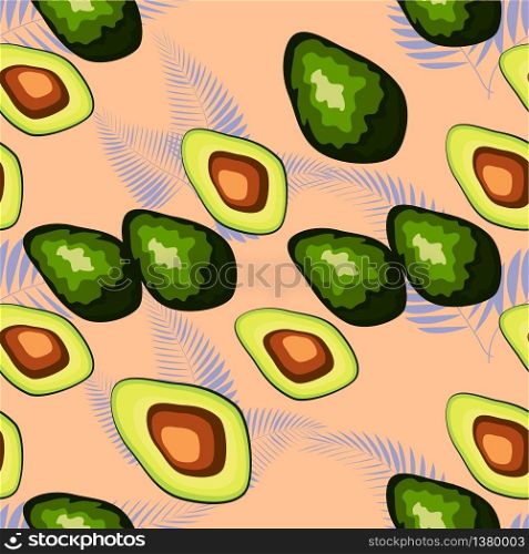 Tropical leaves and fruit avocado pattern. Seamless tropical wild flora with avocado fruit.
