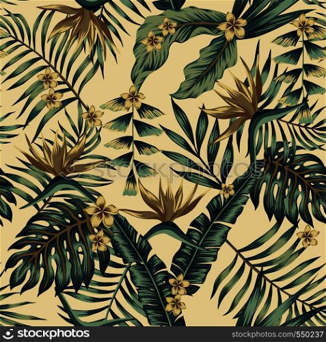 Tropical leaves and gold flowers seamless cheerful pattern wallpaper of palm trees and bird of paradise (strelitzia) plumeria on a beige background