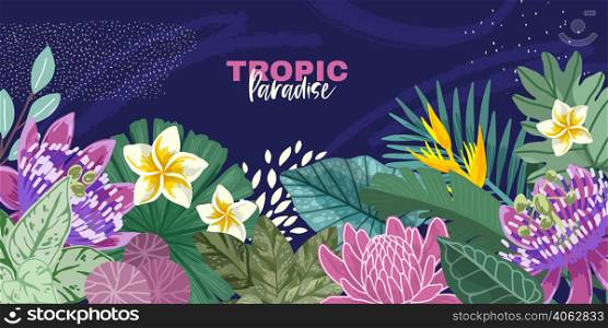 Tropical leaves and pink flowers background, hand drawn vector art